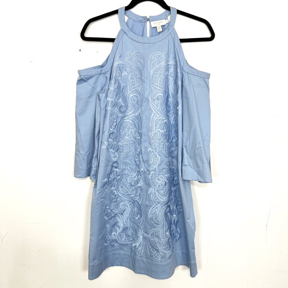 Ted Baker‎ Light Blue Floral Embroidered Cold Shoulder Dress 2 US 6 Small